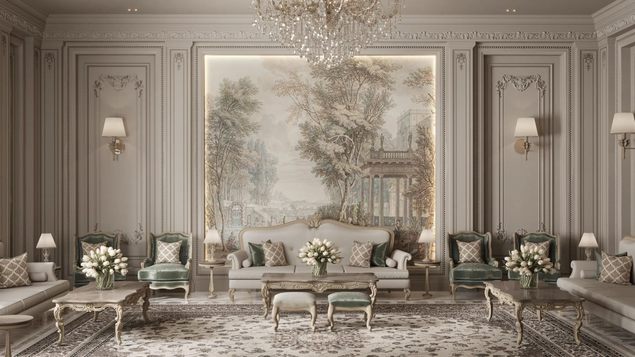 Classic majlis interior with mural and chandelier
