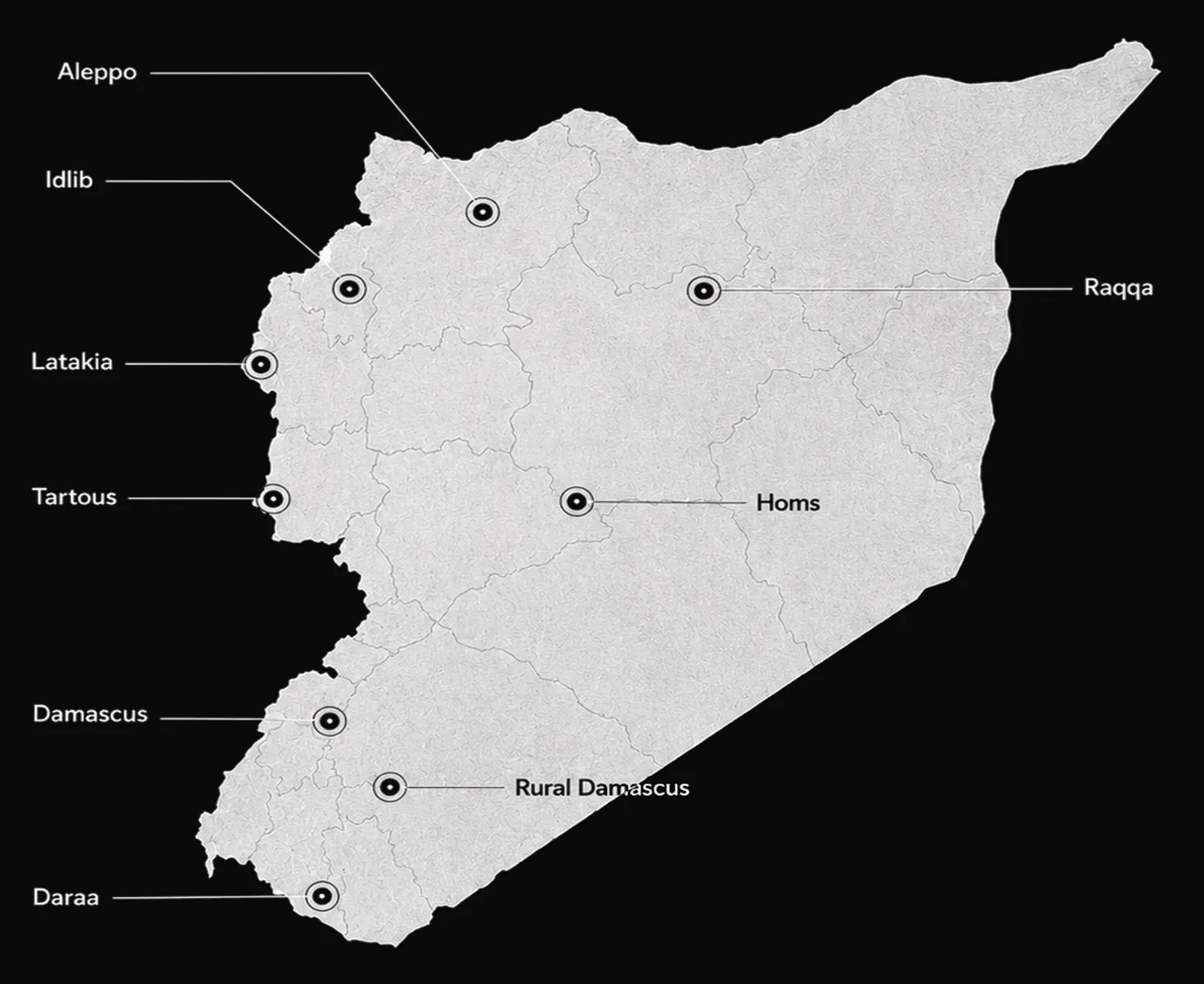 Map of Syria marking Ashour Studio project locations in nine cities
