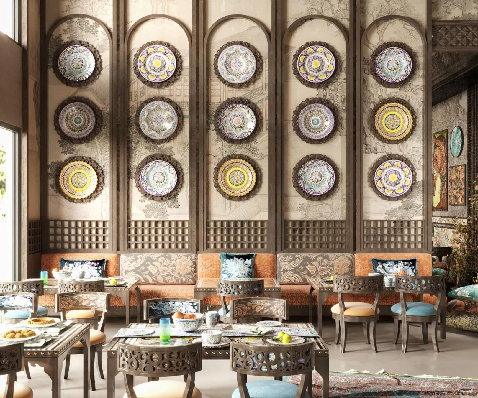 Oriental restaurant with decorative plate wall