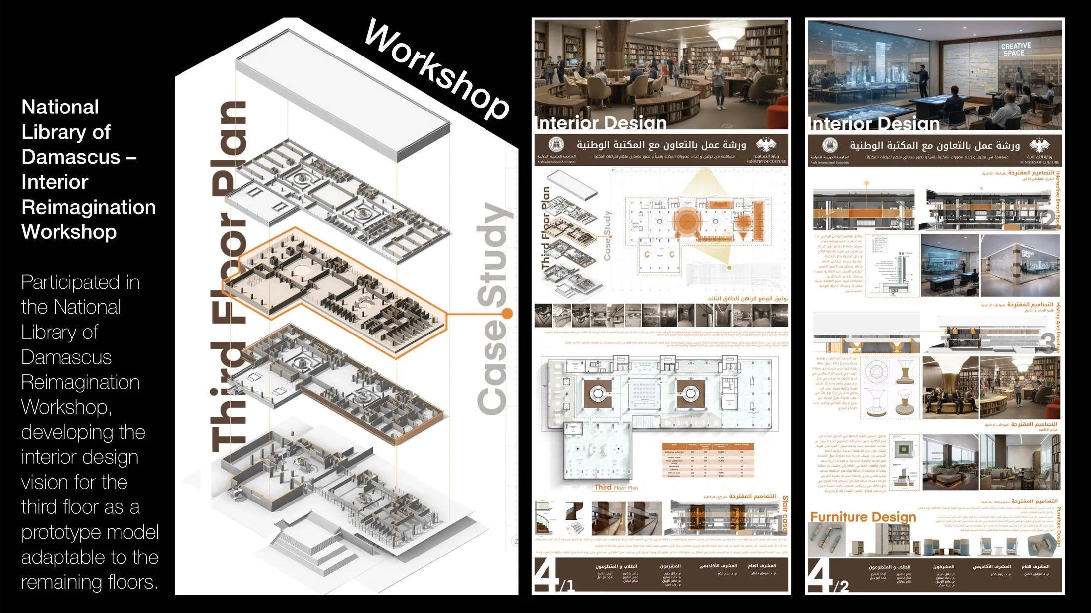 Workshop boards: third floor plan, case study and interior design proposal for the National Library of Damascus